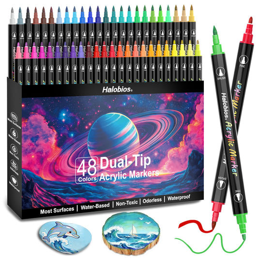 Halobios 48 Colours Acrylic Paint Markers, Dual Tip Brush Paint Markers with Brush Tip and Fine Tip for Rock Painting, Glass, Wood, Egg, Canvas, Paper, Ceramic, Fabric, leather, DIY Crafts