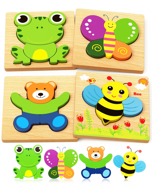 Bekayshad Wooden Puzzles Toddler Toys Gifts for 1 2 3 Year Old Boys Girls, 4 Pack Animal Jigsaw Puzzles Montessori Toys, Learning Educational Christmas Birthday Gifts for Girls Boys Ages 1-3