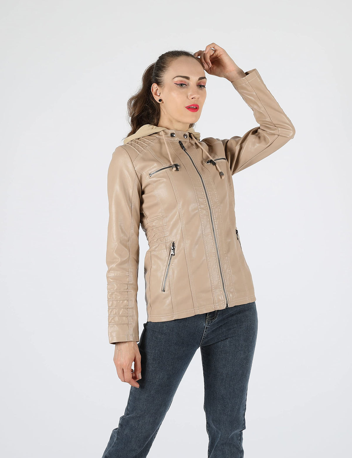 Tanming Womens Faux Leather Jacket Hooded Moto Biker Coat Outerwear Fall Fashion Outfits Winter Clothes