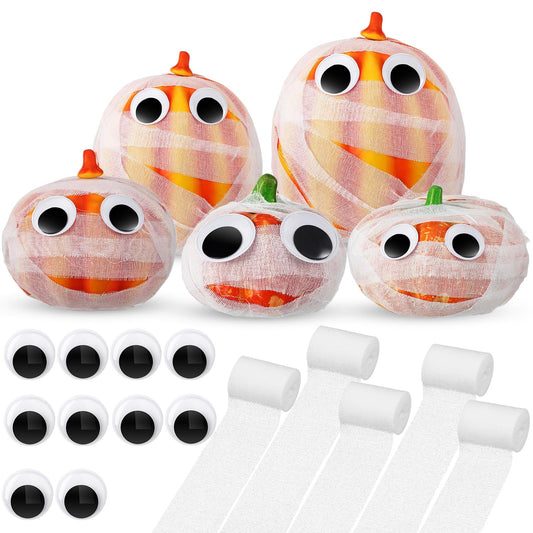 AmazingSpark Halloween Pumpkin Craft Kit Mummy Pumpkin Decorating Kit Bandages and Eye Stickers DIY Craft Mummy Wrap for Halloween Decor Party Favors Supplies DIY Activities Games Gifts