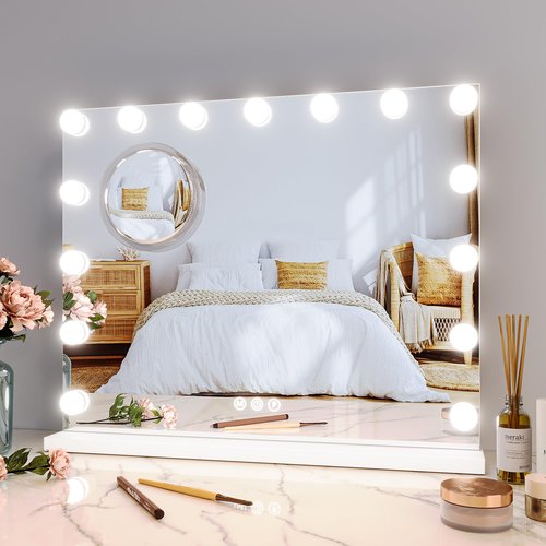GAOMON Vanity Mirror with Lights, Lighted Mirror with 15 Dimmable LED Bulbs, Makeup Mirror with 3X Magnification, 3 Colors Modes,Touch Control, Metal Frame,White