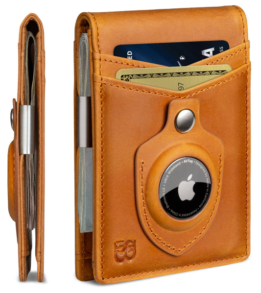 SERMAN BRANDS AirTag Wallet - RFID Blocking Mens Minimalist Money Clip Wallet for Airtag - Full Grain Leather - Slim Bifold. Front Pocket Apple Air tag Wallets for men. Gift CA Desert Transformer Air