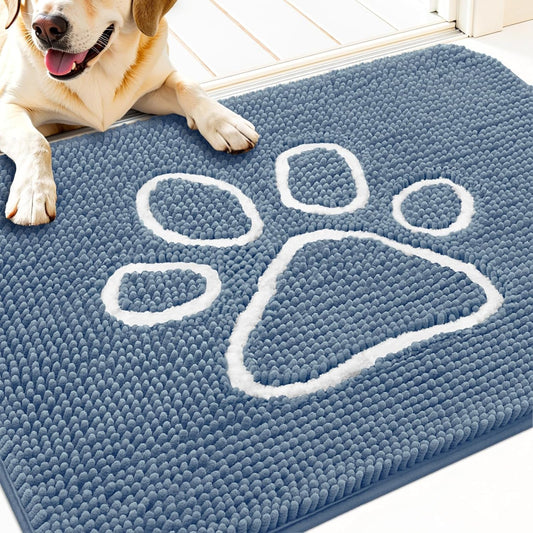 OLANLY Dog Door Mat - Absorbent Muddy Paws Doormat | Non-Slip Chenille, Quick Dry, 32x20, Airy Blue & White