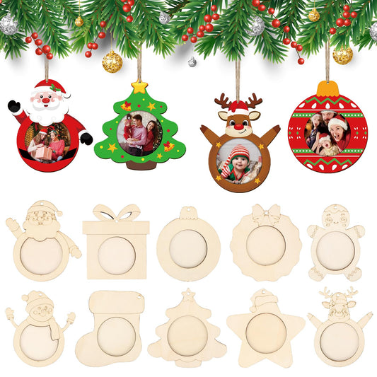 COCHIE Wooden Christmas Photo Ornaments Crafts to Paint for Christmas Tree Decorations, Color Your Own Xmas Picture Frame Hanging Ornament Craft for Painting Set of 10 (Christmas Shape)