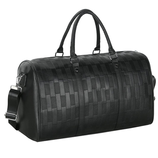 AGVOTK Luxury Black Woven Leather Weekender Duffel Bag Men Women Travel Carry-on, Large Overnight Bag with Handles & Adjustable Shoulder Strap