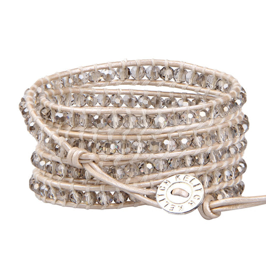 KELITCH New Gray Crystal Beaded 5 Wrap Bracelet On Leather Friendship Bracelets Jewelry for Womens