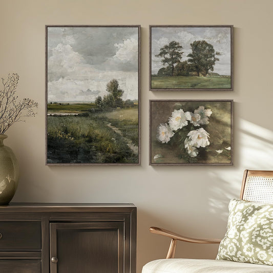3 Piece Framed Vintage Landscape Canvas Wall Art Set, Large Green Tree and Floral Farmhouse Artwork for Walls, French Country Retro Nature Prints Paintings for Living Room Bedroom Fireplace Wall Decor