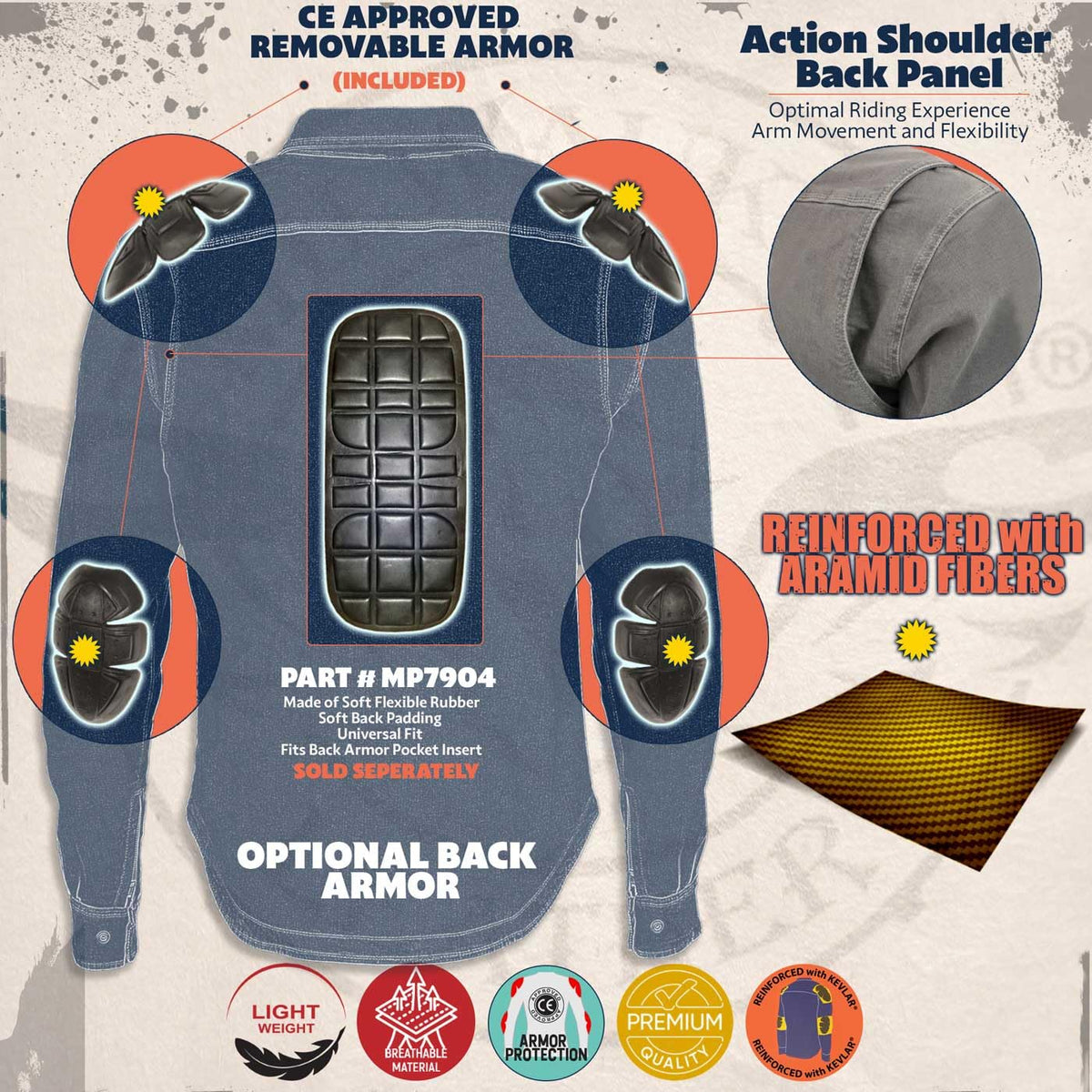 Milwaukee Leather MPM1621 Men's Grey CE Armored Long Sleeve Motorcycle Riders Shirt w/Reinforced w/Aramid Fibers - Large