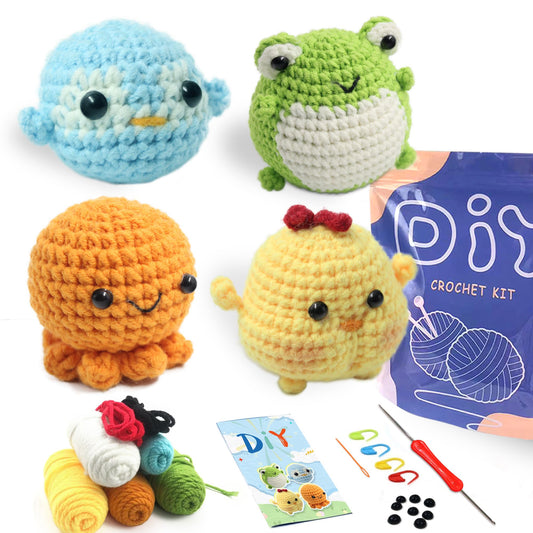 YAMAXIN Crochet Kit for Beginners Adults – 4PCS Animal Amigurumi Crochet Starter Kit with Yarn, Hooks, Tools, and Video Tutorials – DIY Knitting Craft Kit (Chick, Frog, Penguin, Octopus)