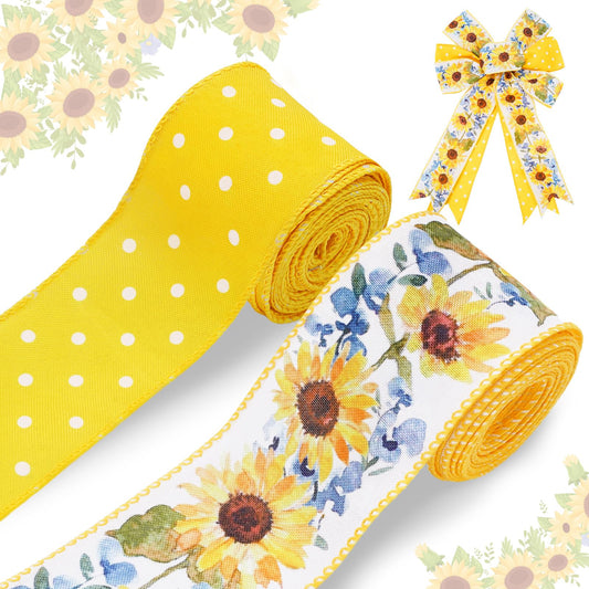 Sunflower Dot Wired Edge Ribbons Spring Summer Floral Gift Wrap Ribbon Yellow White Flower Craft Ribbon for DIY Crafts Wreath Bow Making Wrapping Party Decor Supplies, 2 Rolls, 20 Yard