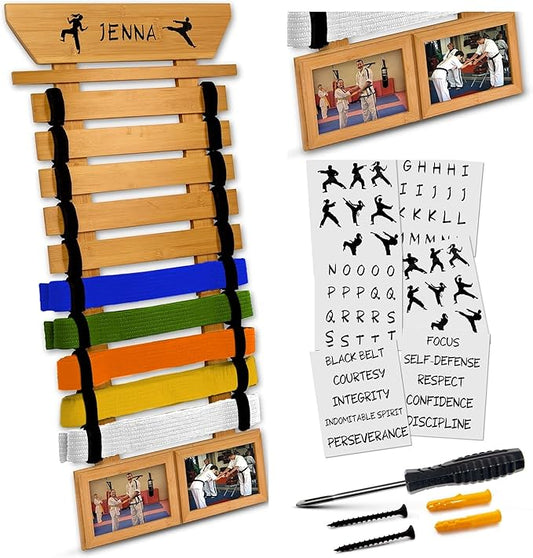Karate Belt Display Rack - Bamboo 10 Taekwondo Belt Display with Customization Stickers, 2 Picture Frames, Self-Adhesive Adjustable Strips & Hanging Kit Taekwondo Gifts