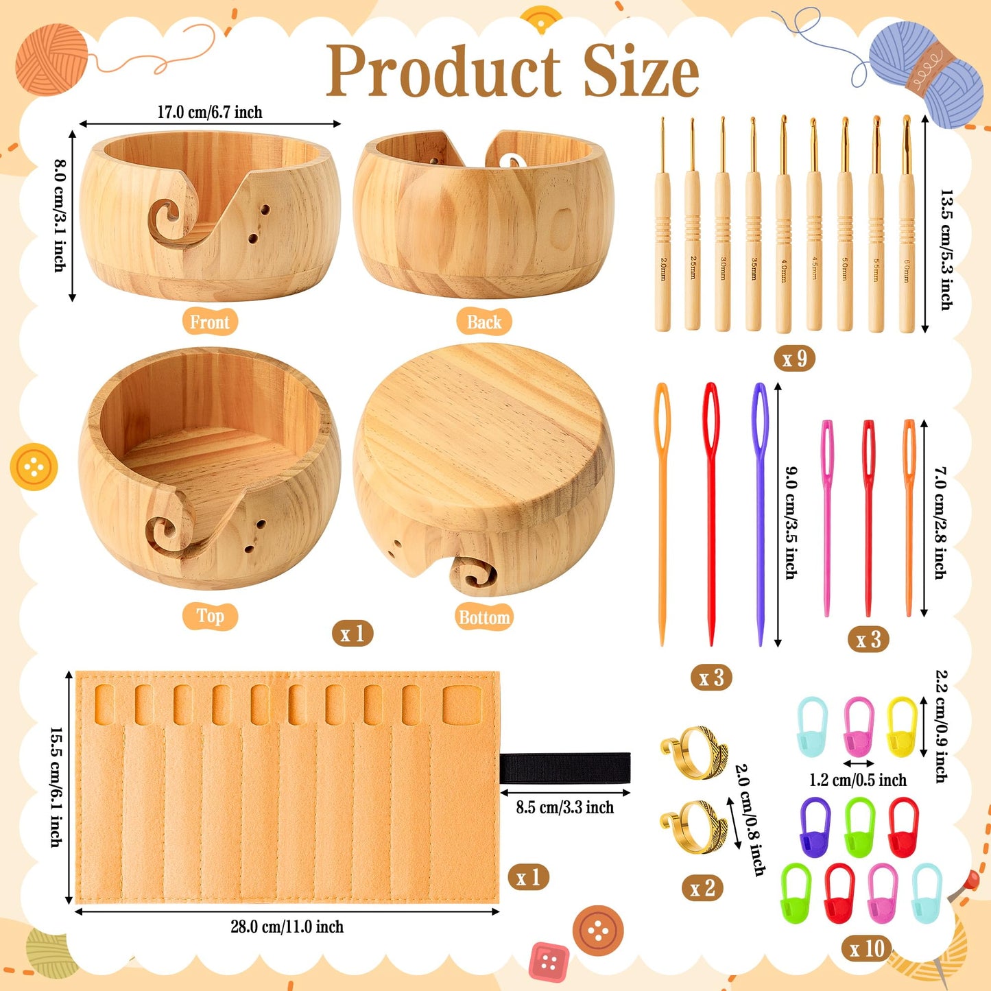 WATINC Wooden Yarn Bowl Holder Set - Large Crochet Yarn Storage Bowls with 9pcs Metal Knitting Hooks, Adjustable Loop Ring Stitch Markers with Box Crochet Gifts for Knitters Crocheters (Natural)