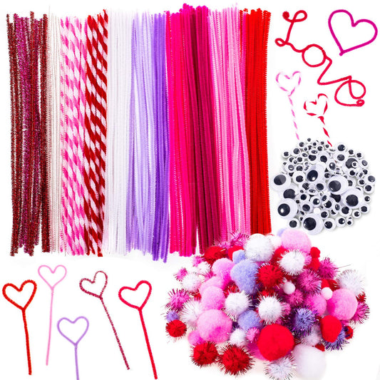Whaline 500Pcs Valentine Pipe Cleaners Set, Including 160Pcs Craft Chenille Stems, 180Pcs Multi Sized Wiggle Eyes and 160Pcs Multi Sized Pompoms for Valentine Craft Party DIY Art Supplies