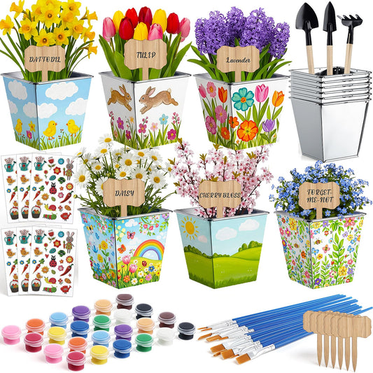 Ferrochef 6 Sets Garden Flower Pots Crafts Kit DIY Metal Iron Plant Pots Acrylic Paint Stickers Brushes Plant Labels Gardening Tool Kit for Planting Crafts Mother's Day Graduation Creative Gift