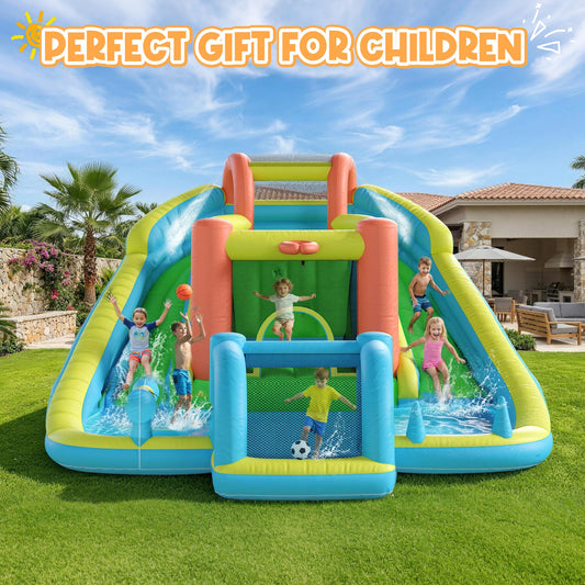 HOMMOW Inflatable Bounce House with Double Slide, Bouncy Castle for Kids 3-12 with Blower, Water Cannon, Football Net, Jumping, Climbing Wall, Basketball Hoop, Backyard Water Park for Kids