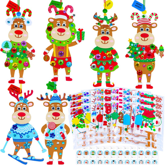Winlyn 24 Sets Christmas Decorations DIY Reindeer Tree Ornaments Winter Crafts Kits Foam Reindeer with Festive Foam Stickers for Kids Holiday Seasonal Gift Home Classroom Activities Party Favors