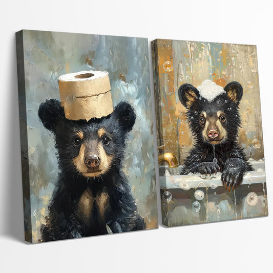 BHSUUHIT 2 Pcs Bear Bathroom Wall Art Funny Bathroom Animal Pictures Prints Black Bear With Paper Wall Decor Sitting in Bathtub Canvas Cute Humorous Posters Ready to Hang Home Decor(12x16in Canvas)