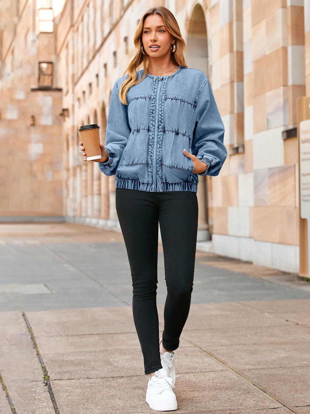 Glamaker Womens Denim Bomber Jacket Trendy Casual Zip Up Crew Neck Long Sleeve Loose Fit Jean Jacket Fall Outfits With Pockets (Denim Blue S)