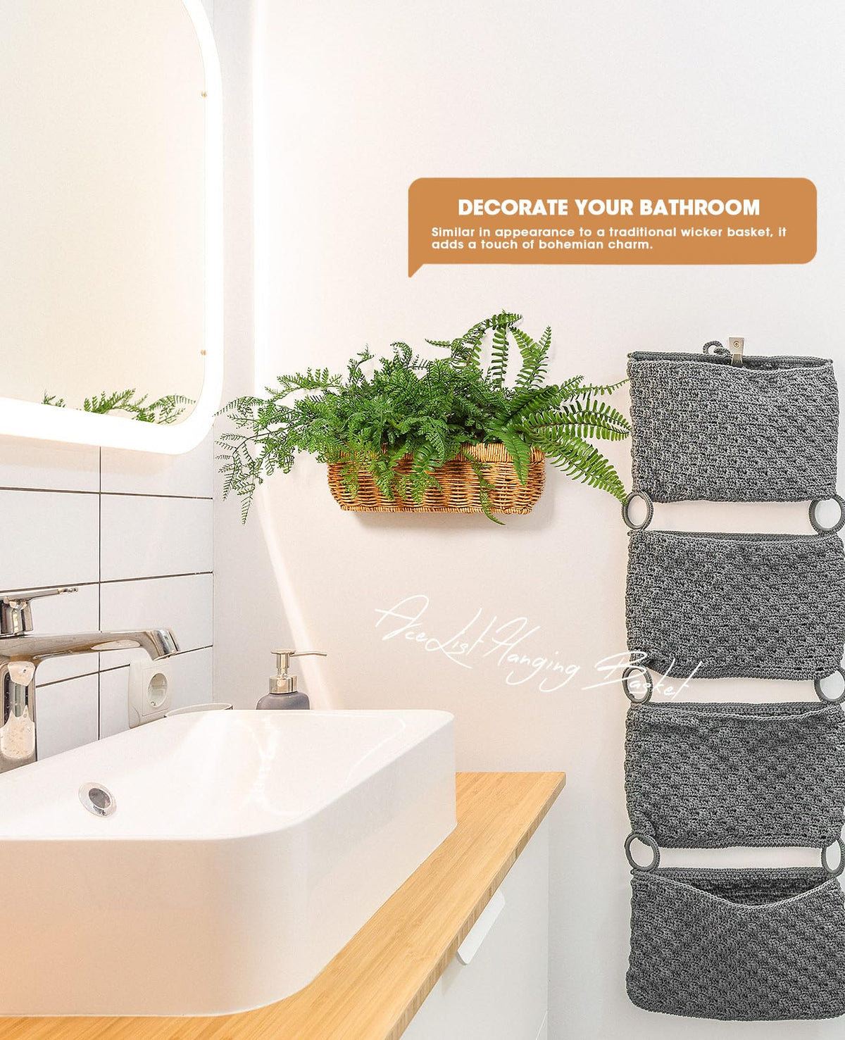AceList Wall Hanging Basket, Boho Style Hand-Woven Hanging Storage Baskets - Set of 2, Ideal for Boho Room Decor, Kitchen, Garden, and Living Room