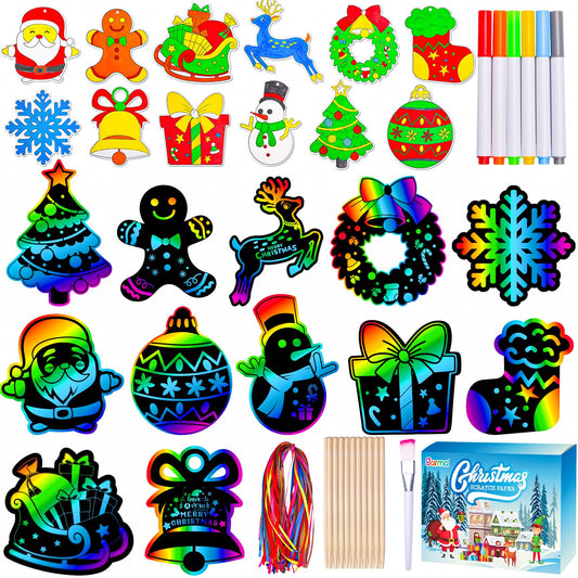 Garma 72Pcs Christmas Crafts Scratch Art for Kids, Rainbow Scratch Paper Christmas Ornaments Crafts Christmas Party Favors Toys Xmas Tree Ornaments Hanging Craft Art Kits
