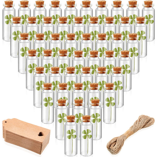 Cinnvoice 50 Sets St. Patrick's Day Cork Stoppers Glass Bottles Dried Pressed Four Leaf Clover Tiny Wishing Bottle Real Natural Four Leaf Clovers Mini Vials with Labels Ropes for DIY Crafts Wedding