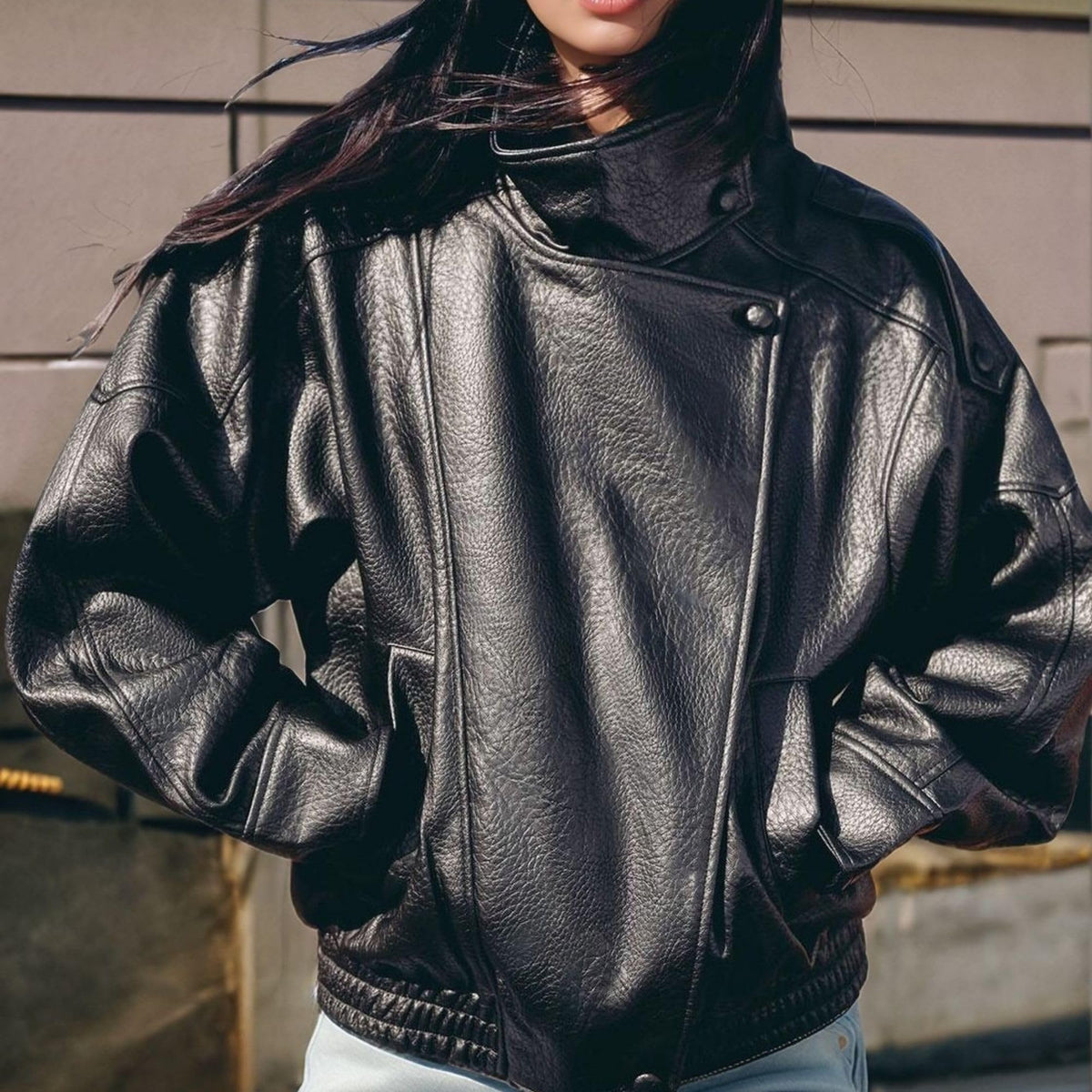 FindThy Women’s Oversized Faux Leather Jacket Casual High Collar Long Sleeve Zip Up Fall Fashion Motorcycle Coats(4201-Black-L-LB)
