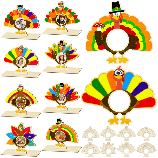 Moon Boat 16Pcs Thanksgiving Crafts Wooden Turkey Picture Frame DIY Painting Arts Kit Fall Party Favors Classroom Activities Table Decorations