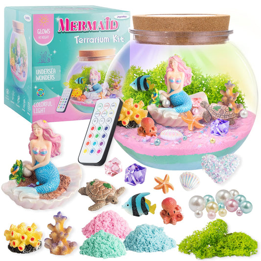 JOYEEMAX Mermaid Light-Up Terrarium Kit for Kids - LED Night Light Birthday Gift for Girls Ages 4 5 6 7 8-12 Year Old - Mermaid Toys for Girls - DIY Arts and Crafts Kit for Kids
