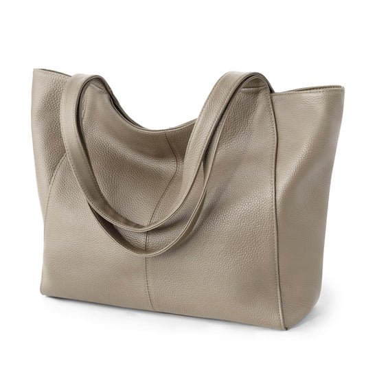 befen Soft Genuine Leather Tote Bag for Women with Zipper, Slouchy Casual Work Tote Purse Shoulder Weekender Bags Handbag for Daily & Travel Taupe