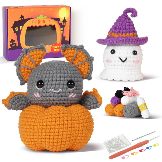 RongsiShun Halloween Crochet Kit for Beginners, Pumpkin and Ghost Amigurumi Set with Step-by-Step Video Tutorials, Extra Yarn & Hook, DIY Craft Gift for Adults Teens Kids