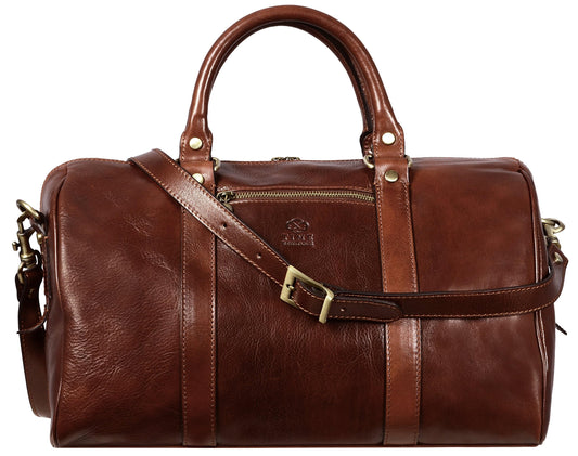 Time Resistance Full Grain Leather Small Duffel Bag - Gym Weekender Overnight Bag (Brown)