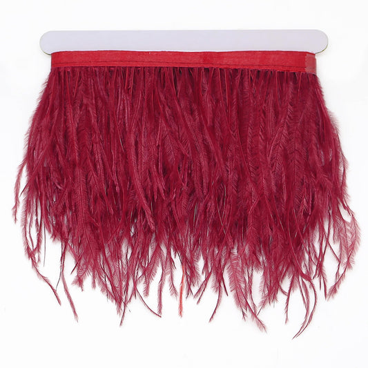 FQTANJU 2 Yards Ostrich Feather Trim Fringe, 4-6inch Width Feather Trimming Fringe Satin Ribbon for Dress Millinery Sewing Crafts Costumes Decoration (Wine Red)