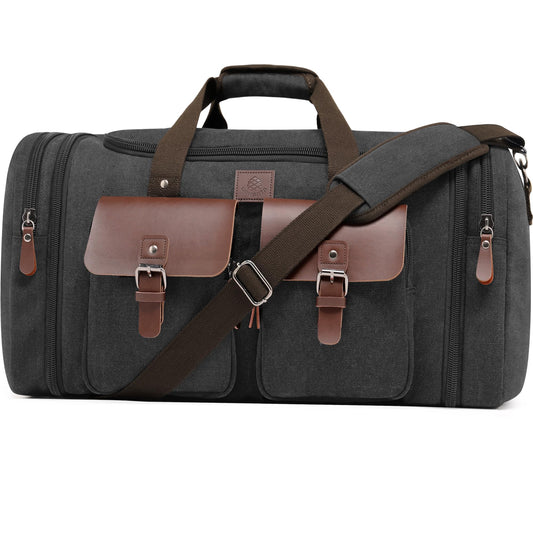 Densata Canvas Duffle Bag for Men 50L Travel Duffel Bags Expandable Genuine Leather Overnight Weekender Carry On Bag Two Zipper Pockets Travel Bag (Black, Large-50L)