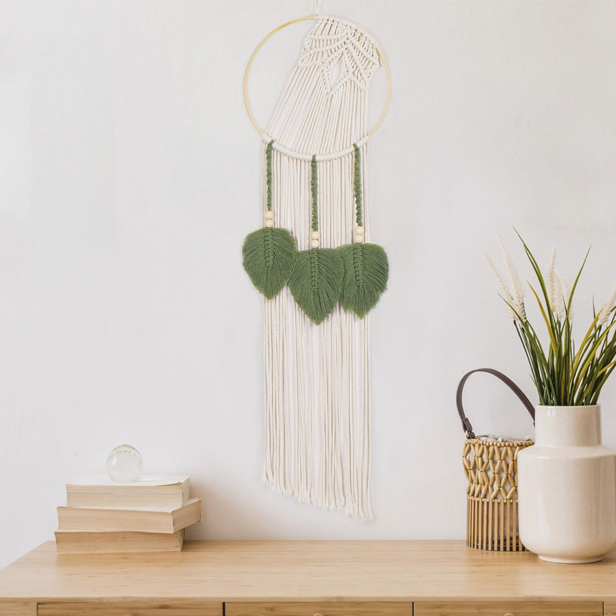 LB Boho Leaf Small Macrame Wall Hanging Green and Beige Hand Woven Cotton Tapestry Wall Art with Wood beads Modern Aesthetic Wall Decor for Home, Bedroom, Living Room