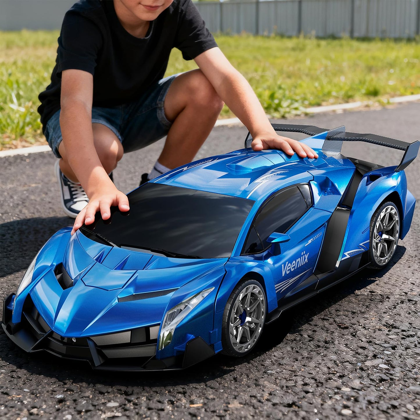 Veeniix V991 Transform Remote Control Car, 1:10 Big Size, 2 Rechargeable Batteries for 70Min, 2.4GHz Gesture Sensing, One-Key Deformation, Robot Toys Gifts for Boys and Girls (Blue)