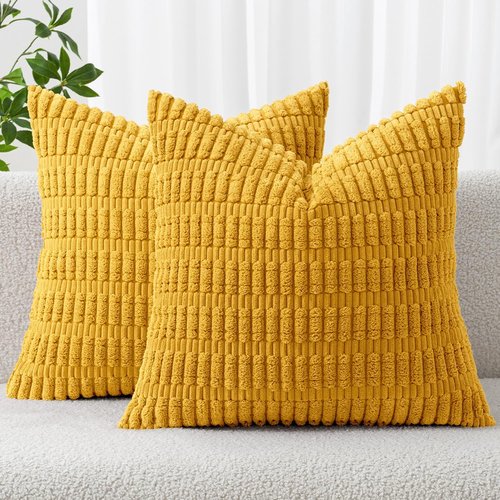 MIULEE Corduroy Throw Pillow Covers - Soft Boho Striped Design, 18x18 Inch, Mustard Yellow | Modern Farmhouse Decor