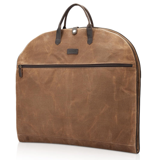 Polare 43” Waxed Canvas Full Grain Leather Trim Carry On Garment Bag for Travel, Waterproof Dust-Proof Foldable Hanging Suitcase Weekender Garment Cover with YKK Zipper