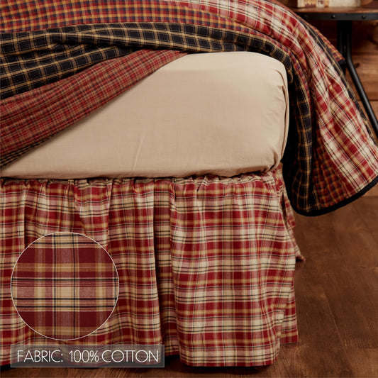 VHC Brands Beckham Plaid Cotton Rustic Split Corners Gathered Queen Bed Skirt, 60x80x16, Rust Red