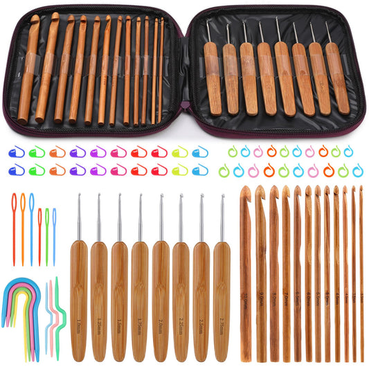 Mayboos 20 Pieces Bamboo Crochet Hooks Kit, Wooden Bamboo Crochet Hooks with Silver-Plated Aluminum Hook Sizes 1.0-10.0 MM for Handcrafted Knitting Needles