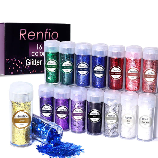 Renfio Chunky Glitter, 16 Colors Resin Glitter Set Each 10g/0.35oz PET Chunky Flakes Sequins Mix Fine Powder for Crafts, Resin Accessories, Snow Globe Tumbler Supplies, Nails
