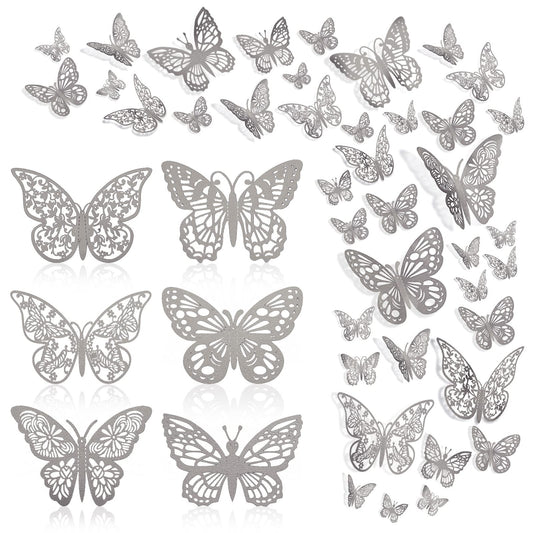 144 Pcs 3D Butterfly Wall Stickers Decor 6 Styles 3 Sizes, Silver Removable Butterfly Decals Room Wall Decor for Kids Nursery Classroom, Wedding, Party, Baby Shower