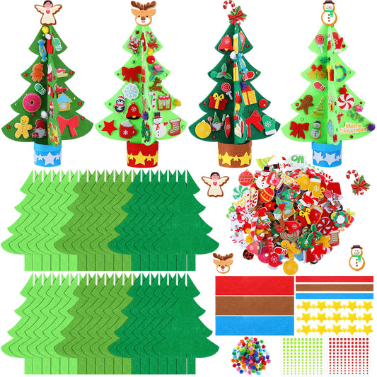Moucuny 408 Pcs Christmas Tree DIY Craft Kits 3D Christmas Tree Felt Sets Xmas Felt Decorations with Elk Gingerbread Man Penguin Snowman Candy Wreath Stickers for Party Favors Activities