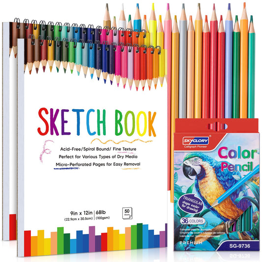 2 Pack Sketch Book with 36 Color Pencil Set, Spiral Kids Sketchbook for Drawing (68lb/100gsm), Acid-Free Sketch Pad for Kids Artist, Art Paper Drawing Supplies for Gifts (9×12 inch)