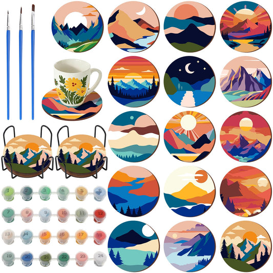 Reallnaive 8 Pcs Mountain Paint by Numbers Kit for Adults Cute Coasters with Holder Mini Paint by Numbers Kits Round Oil Painting Drink Coaster for Small DIY Craft Birthday Gift