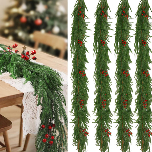 4 Pcs Artificial Norfolk Pine Garland, 6 FT Christmas Real Touch Winter Pine Garlands Realistic, Red Berry Greenery Garland for Mantle, Stairs, Fireplace, Door, Table, Indoor Holiday Xmas Decortions