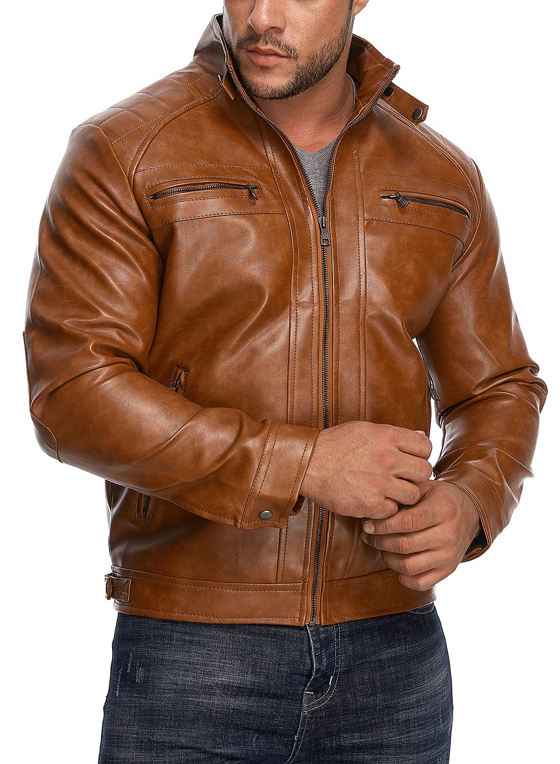 HOOD CREW Men’s Stand Collar Leather Jacket Casual Faux Leather Motorcycle Jacket Outerwear Coat with Zipper Pockets Brown XL