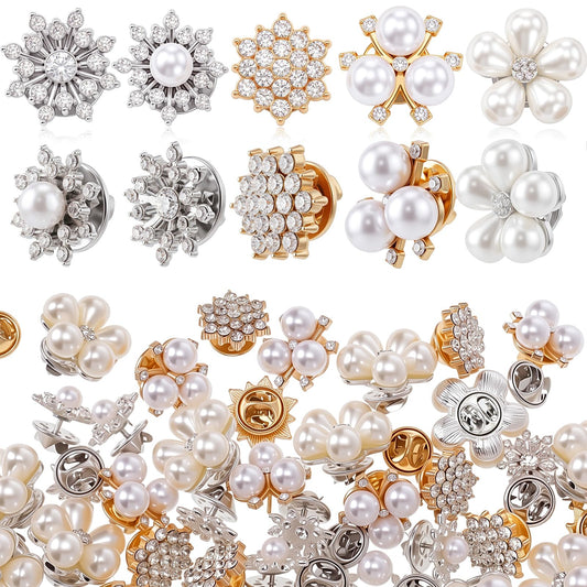 Trnayi 50 Pcs Flower Shape Pearl Rhinestone Brooch Embellishments Brooches and Pins for Women Lapel Pins No Sew Button Charms Accessories for Clothes Bags Wedding DIY Crafts, 5 Styles (Classic Style)