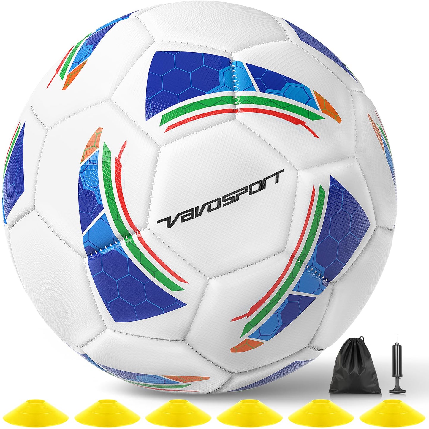 VAVOSPORT Soccer Ball Set – Official Size 3, 4, 5 Soccer Balls with Pump & 6 Cones, Waterproof TPU Leather Soccer Training Equipment, Youth & Adults, Gifts for Sports Play and Outdoor Games