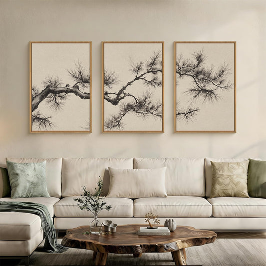 HPNIUB Vintage Sketch Pine Tree Framed Canvas Wall Art Set, Brown Antique Tree Branch Wall Decor, Nature Botanical Art Print, Modern landscape Pictures for Living Room, Bedroom, Office- 16 x24 x3