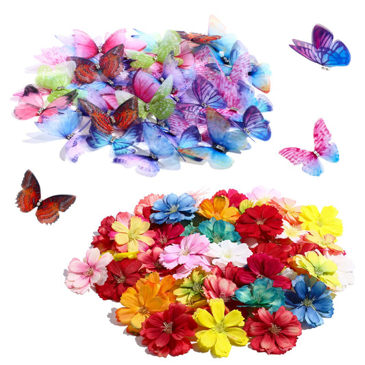 Canlierr 100 Pcs Faux Floral Head Organza Butterfly Set for Craft 50 3D Small Ribbon Fabric Butterflie Appliques 50 Mini DIY Faux Colorful Flower for Craft Car Cake Wedding Party Decoration(Colorful)